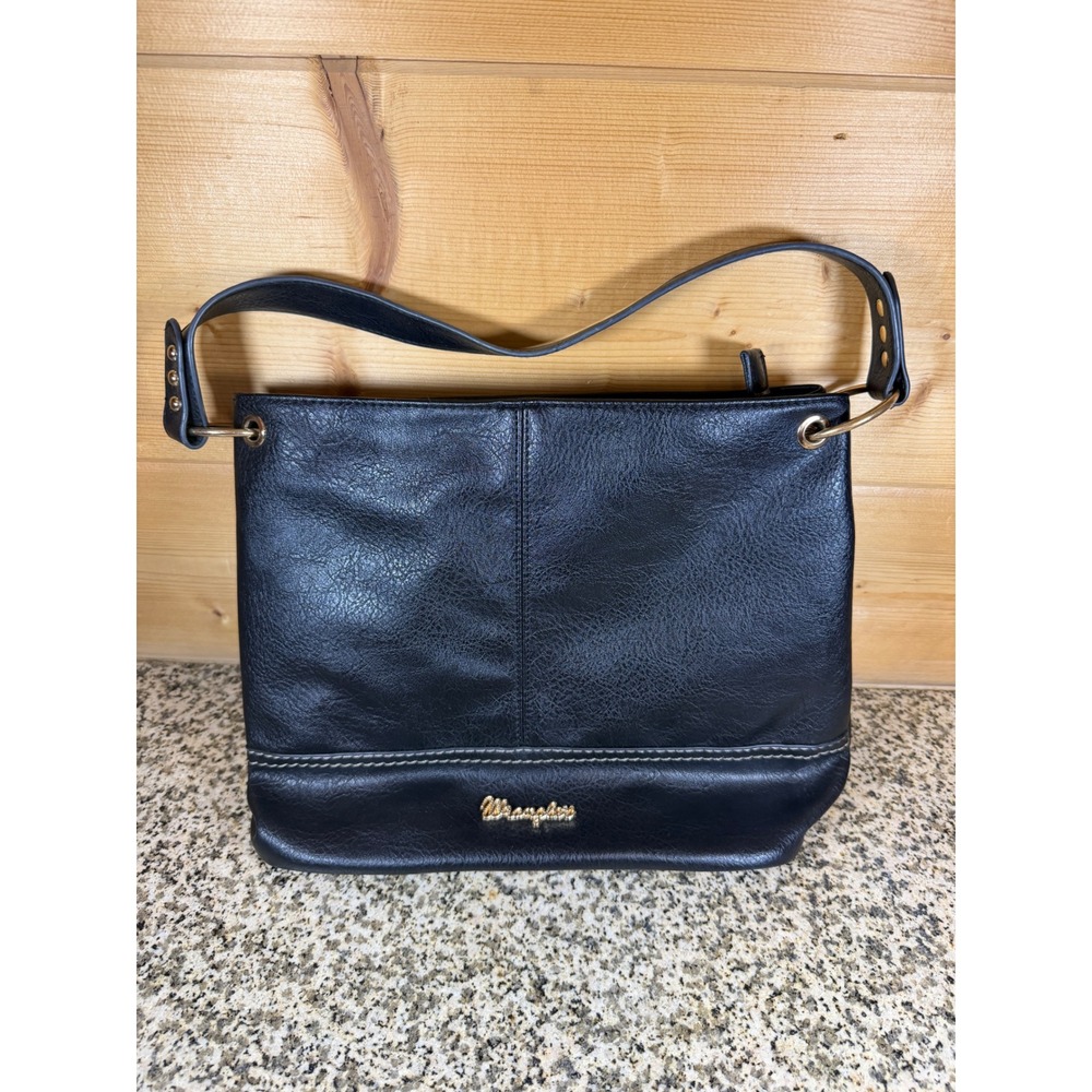 Wrangler Black Faux Leather Hobo Shoulder Bag Gold Logo Western Handbag